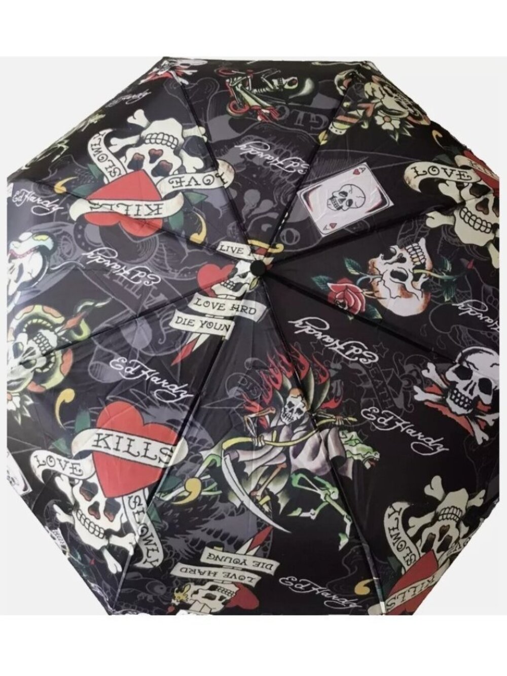 Ed Hardy Compact Black Umbrella Love Kills Auto Open Close Rubber Handle - NEW